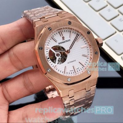 Audemars Piguet Royal Oak Rose Gold Replica Watch White Tourbillon Dial 42mm